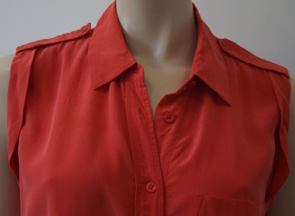 EQUIPMENT FEMME Coral Orange 100% Silk Collared Sleeveless Tunic Blouse Top S