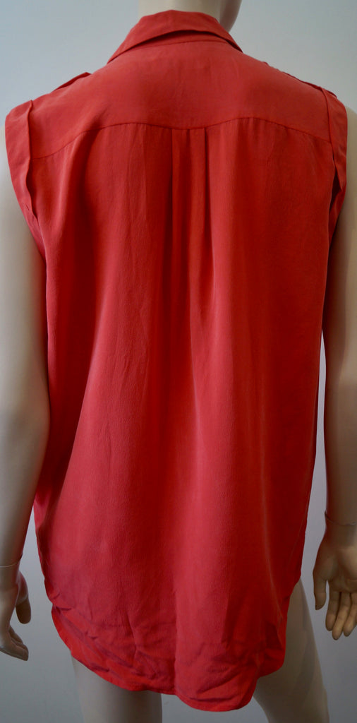 EQUIPMENT FEMME Coral Orange 100% Silk Collared Sleeveless Tunic Blouse Top S