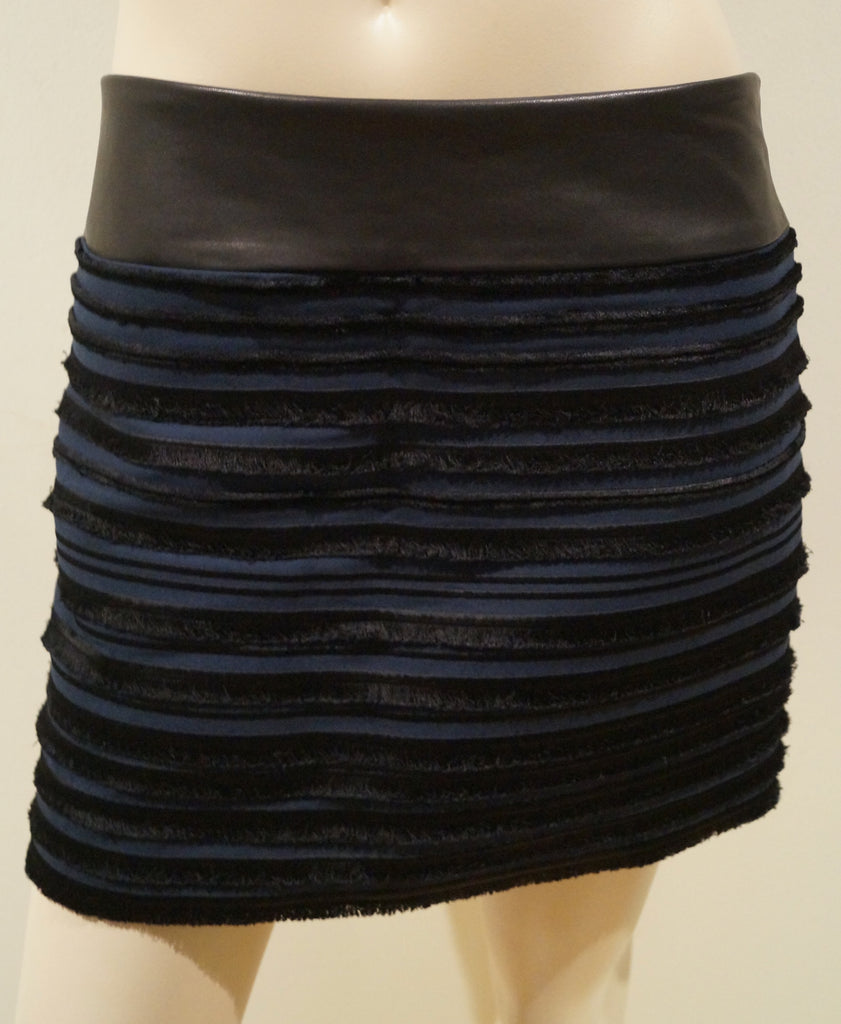 RAG & BONE Midnight Blue Black Velvet Fringe Ribbed Leather Waist Mini Skirt M