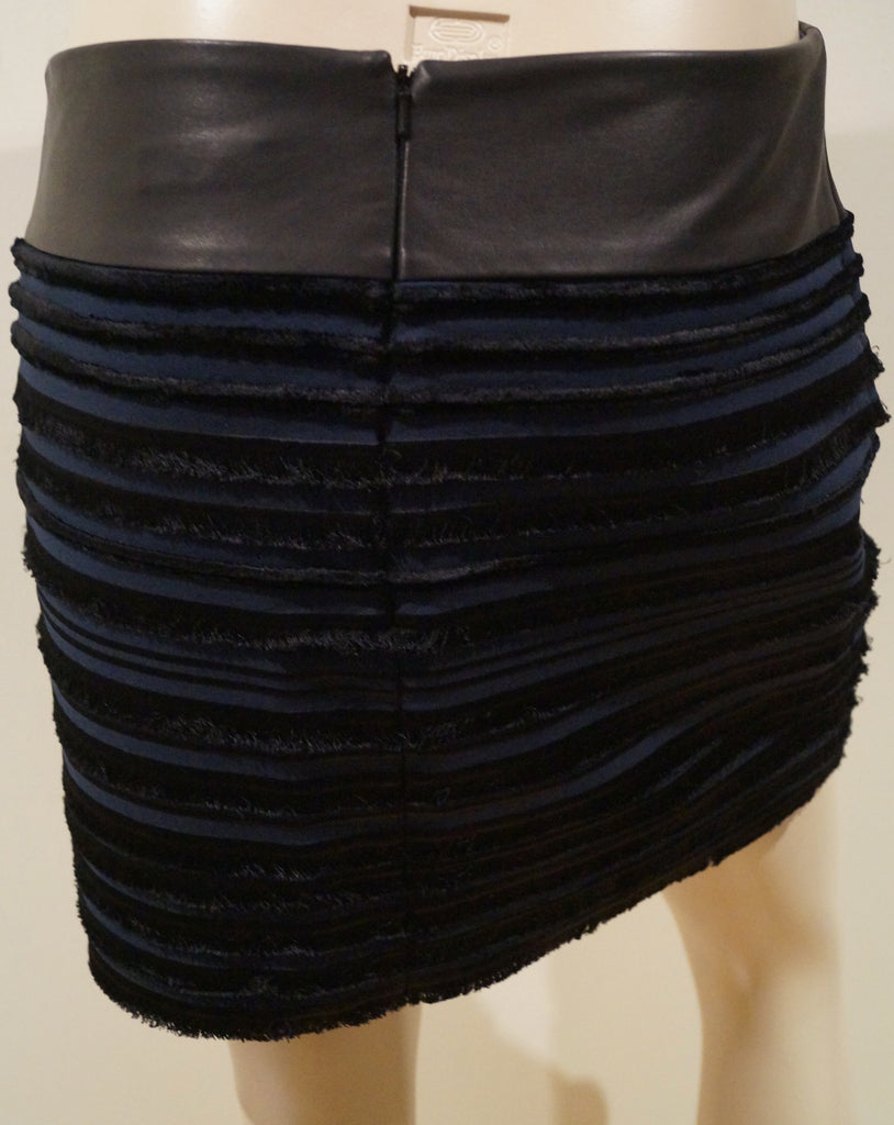 RAG & BONE Midnight Blue Black Velvet Fringe Ribbed Leather Waist Mini Skirt M