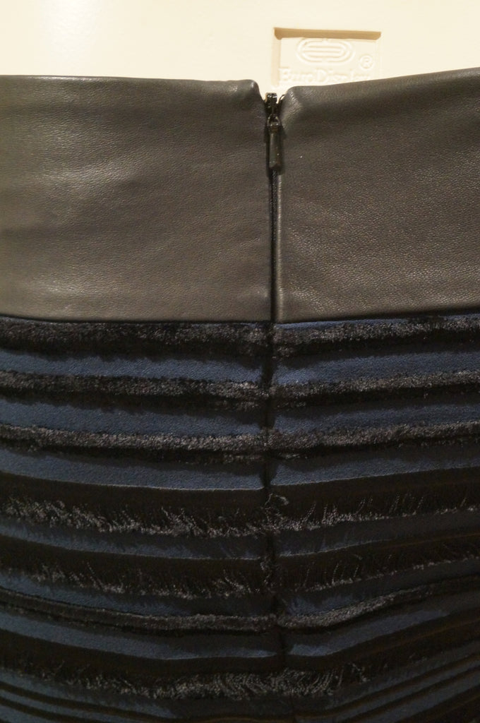RAG & BONE Midnight Blue Black Velvet Fringe Ribbed Leather Waist Mini Skirt M