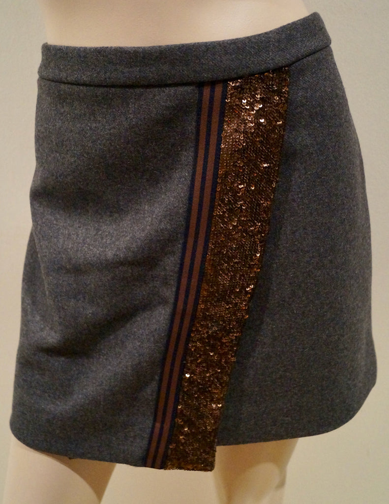 J CREW Charcoal Grey Wool Blend Sequin Stripe Faux Wrap Lined Mini Skirt 12 BNWT