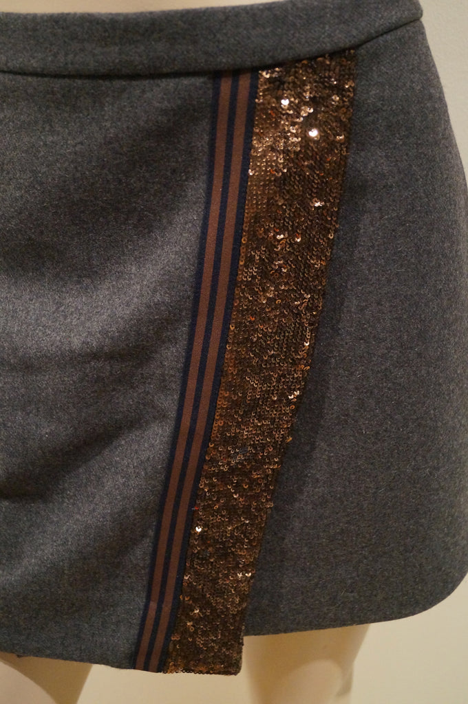 J CREW Charcoal Grey Wool Blend Sequin Stripe Faux Wrap Lined Mini Skirt 12 BNWT