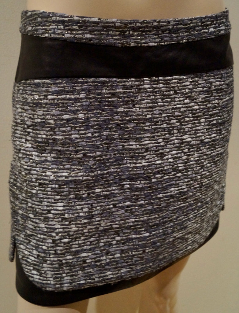 DIANE VON FURSTENBERG Women's Grey Black Tweed Leather Trim Mini Skirt US6 UK10