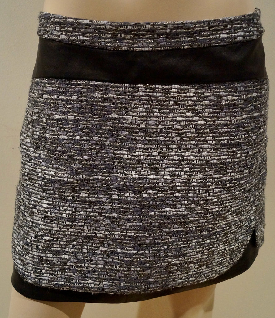 DIANE VON FURSTENBERG Women's Grey Black Tweed Leather Trim Mini Skirt US6 UK10