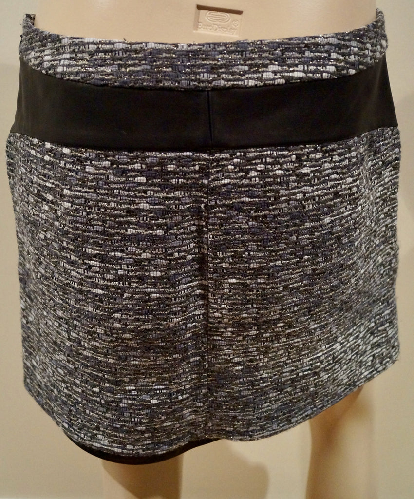 DIANE VON FURSTENBERG Women's Grey Black Tweed Leather Trim Mini Skirt US6 UK10