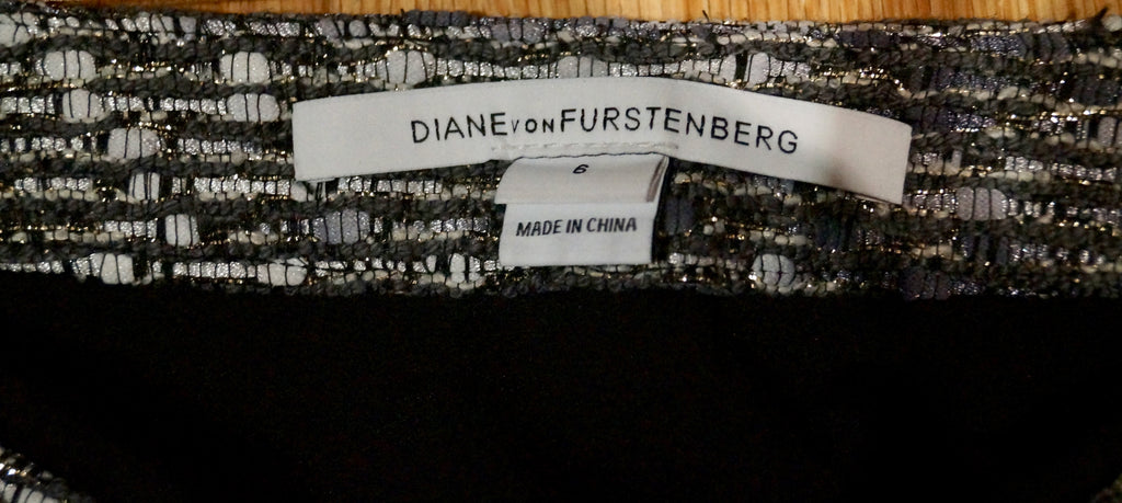 DIANE VON FURSTENBERG Women's Grey Black Tweed Leather Trim Mini Skirt US6 UK10