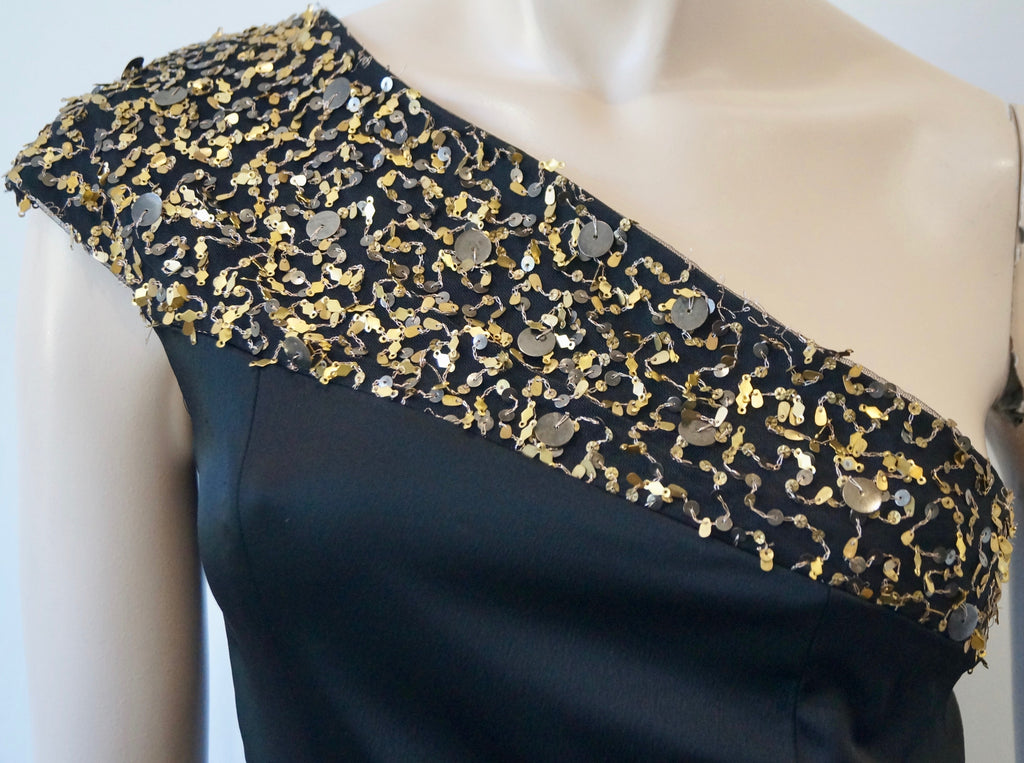 KYRI LONDON Black & Gold Sequin One Shoulder Evening Wiggle Pencil Dress UK10