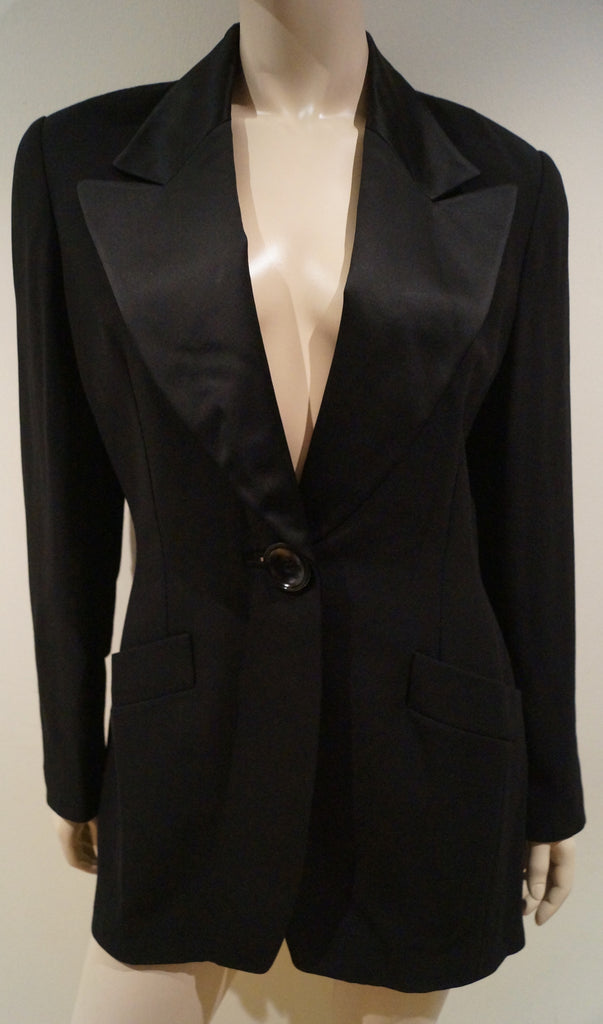 GEORGES RECH Women's Black Wool Blend Sheen Lapels Evening Blazer Jacket 40 UK12