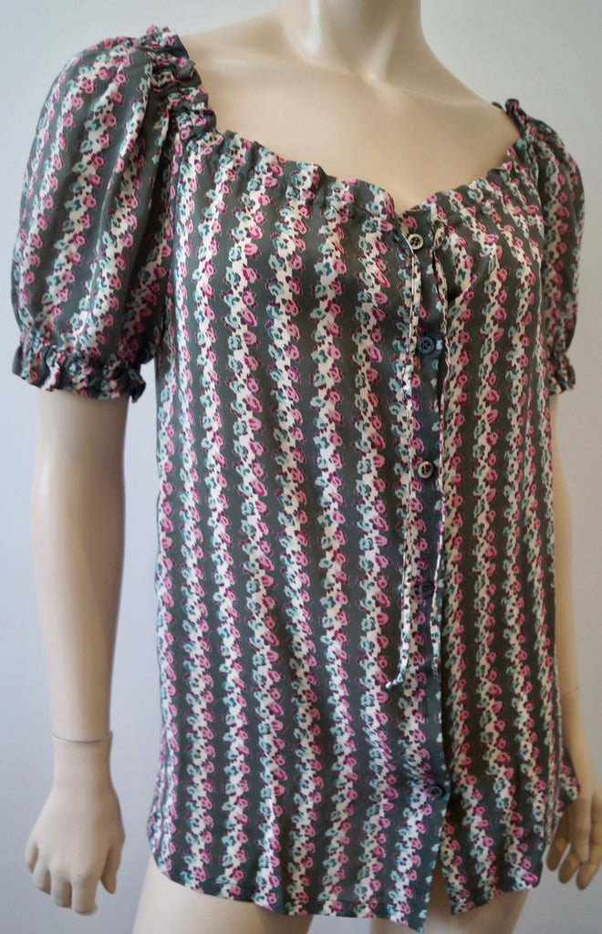 PAUL & JOE Khaki Cream Pink 100% Silk Floral Stripe Short Sleeve Blouse Top Sz:1