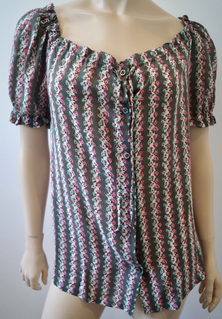 PAUL & JOE Khaki Cream Pink 100% Silk Floral Stripe Short Sleeve Blouse Top Sz:1