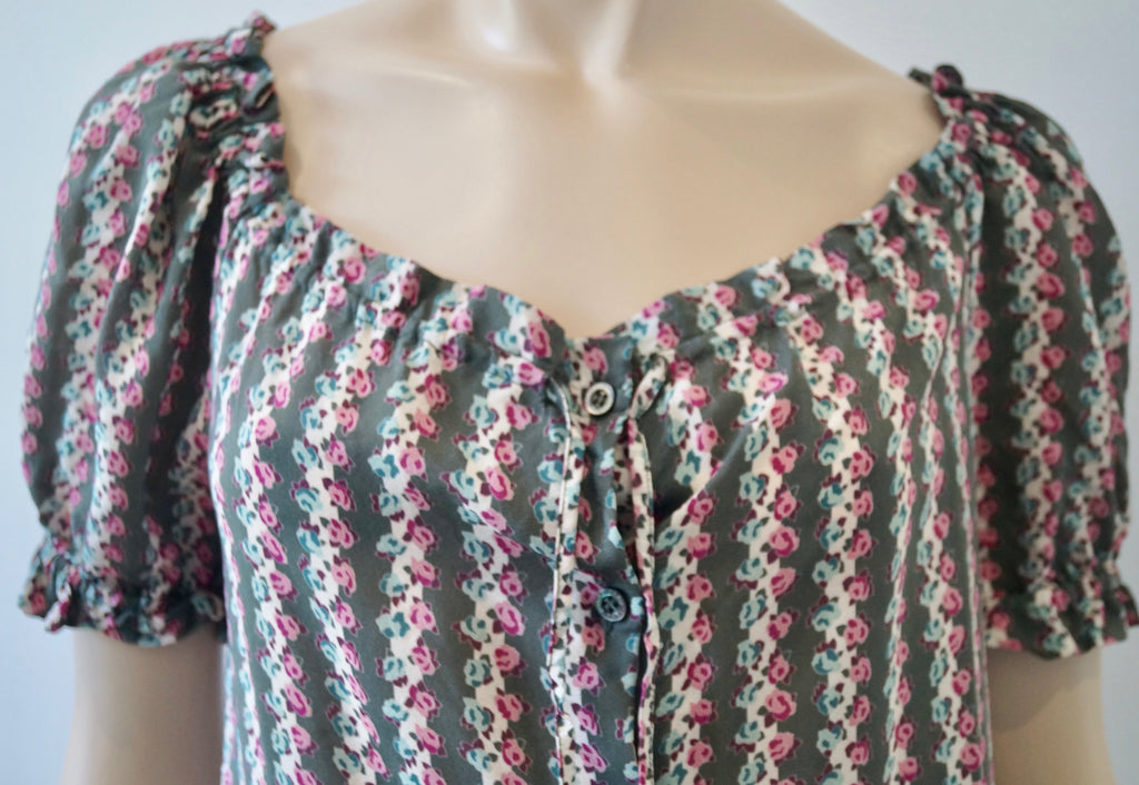 PAUL & JOE Khaki Cream Pink 100% Silk Floral Stripe Short Sleeve Blouse Top Sz:1