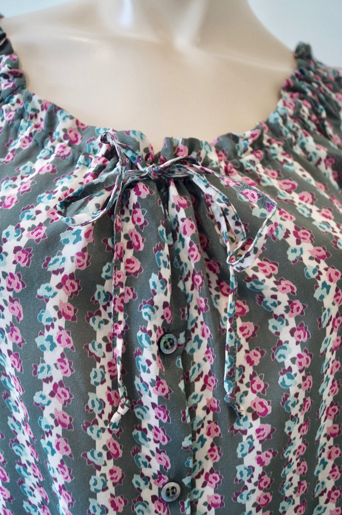 PAUL & JOE Khaki Cream Pink 100% Silk Floral Stripe Short Sleeve Blouse Top Sz:1