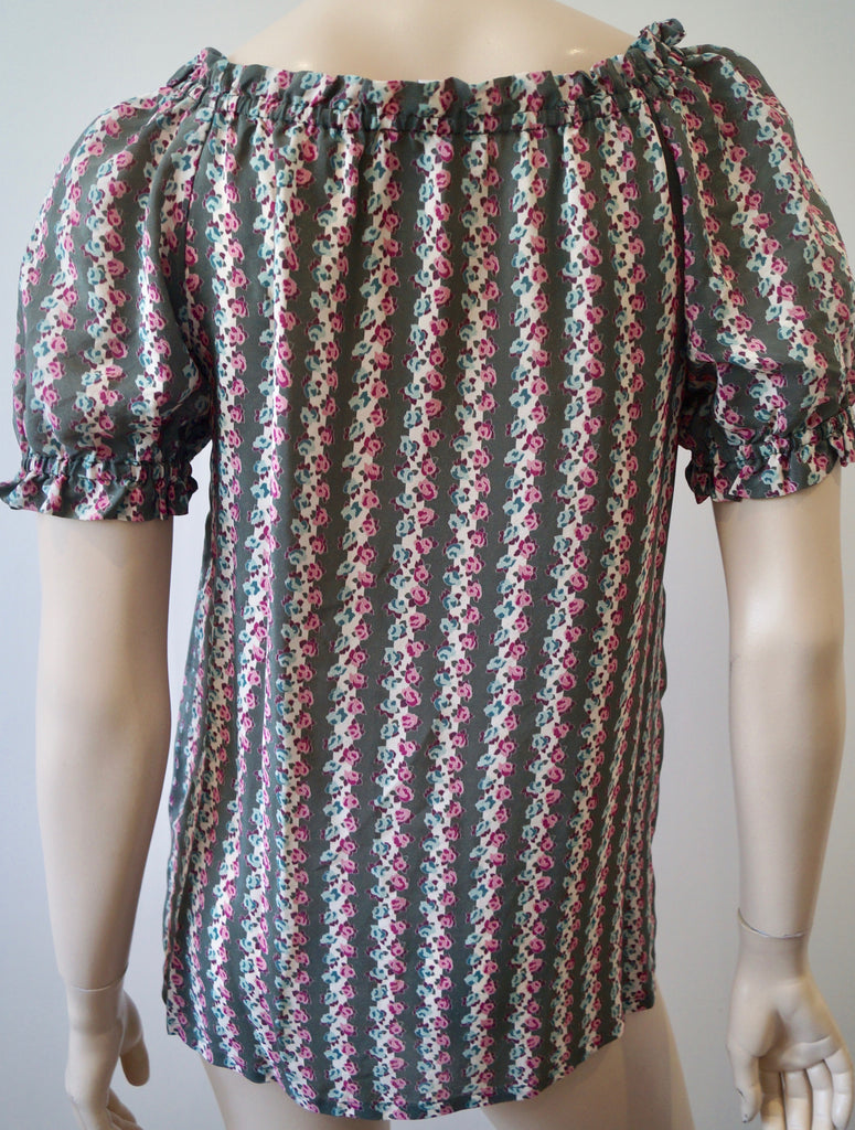 PAUL & JOE Khaki Cream Pink 100% Silk Floral Stripe Short Sleeve Blouse Top Sz:1