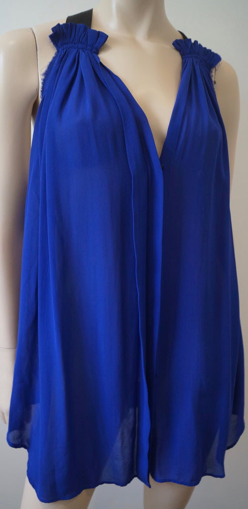 ISABEL MARANT Royal Blue 100% Silk V Neck Gathered Pleated Sleeveless Blouse Top