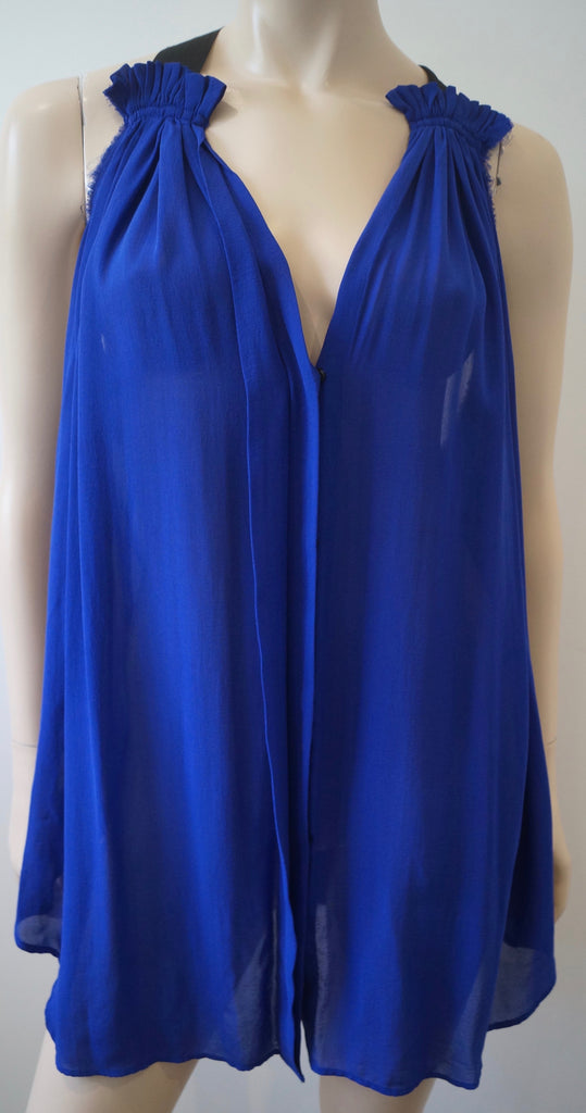 ISABEL MARANT Royal Blue 100% Silk V Neck Gathered Pleated Sleeveless Blouse Top