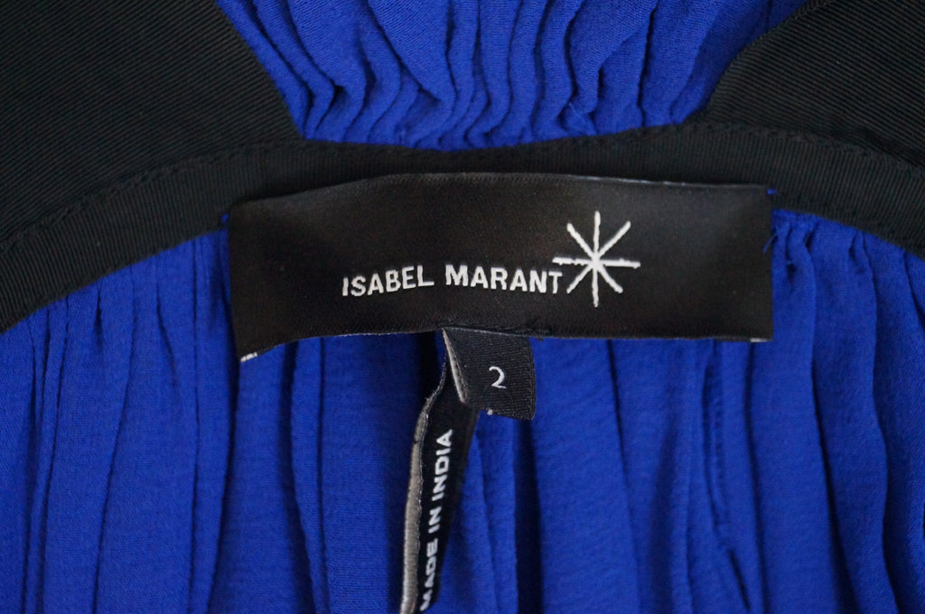 ISABEL MARANT Royal Blue 100% Silk V Neck Gathered Pleated Sleeveless Blouse Top