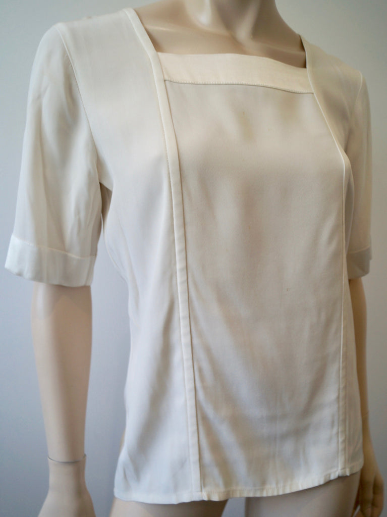 YVES SAINT LAURENT VARIATION Cream Square Neck Short Sleeve Blouse Top F36 UK8