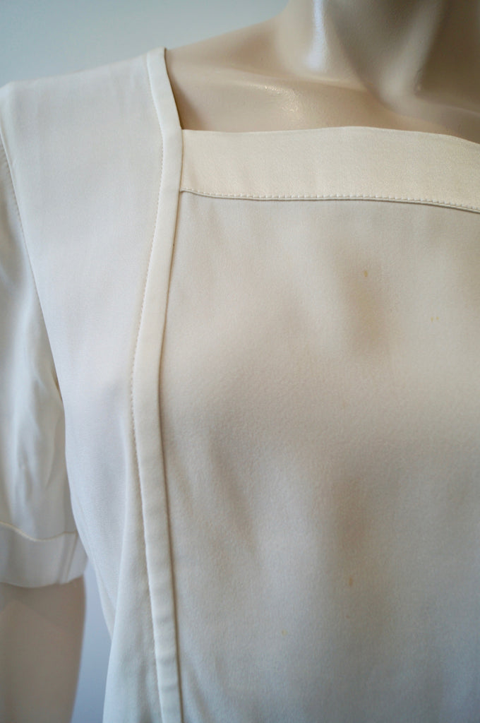 YVES SAINT LAURENT VARIATION Cream Square Neck Short Sleeve Blouse Top F36 UK8