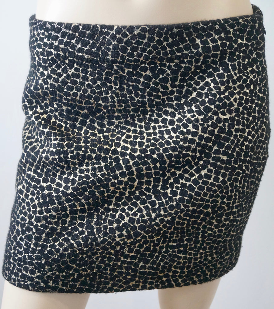 DIANE VON FURSTENBERG Black & Gold 100% Wool Animal Print Short Mini Skirt S