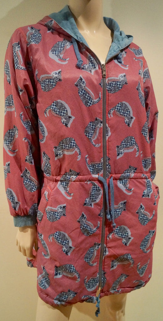 PAUL & JOE SISTER Reversible Blue Red Lyocell Cat Print Hooded Anorak Jacket 40