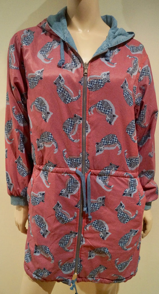 PAUL & JOE SISTER Reversible Blue Red Lyocell Cat Print Hooded Anorak Jacket 40