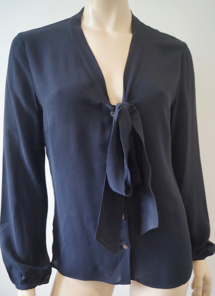 MICHAEL KORS Blue Black Silk Tie Fasten V Neck Long Sleeve Blouse Shirt Top UK10
