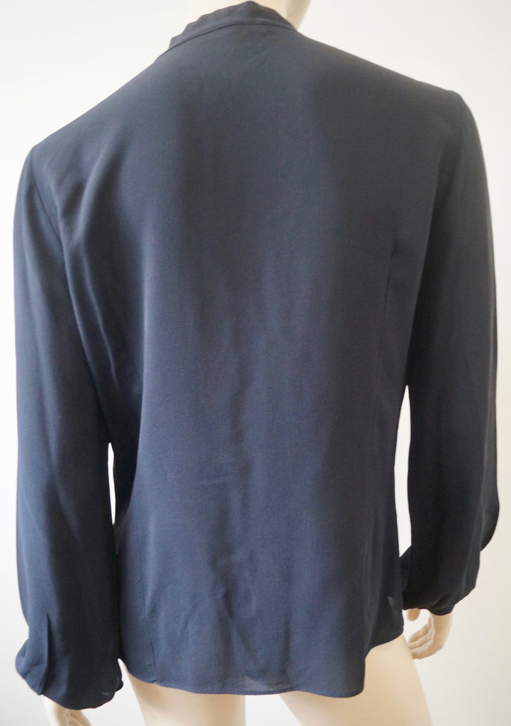 MICHAEL KORS Blue Black Silk Tie Fasten V Neck Long Sleeve Blouse Shirt Top UK10