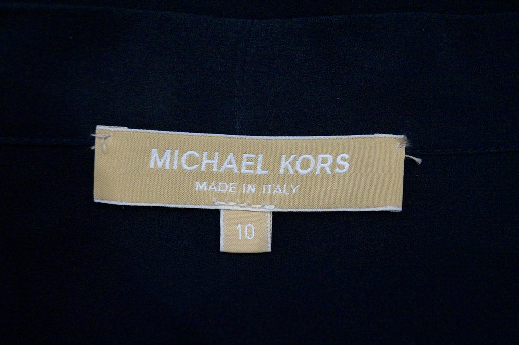 MICHAEL KORS Blue Black Silk Tie Fasten V Neck Long Sleeve Blouse Shirt Top UK10