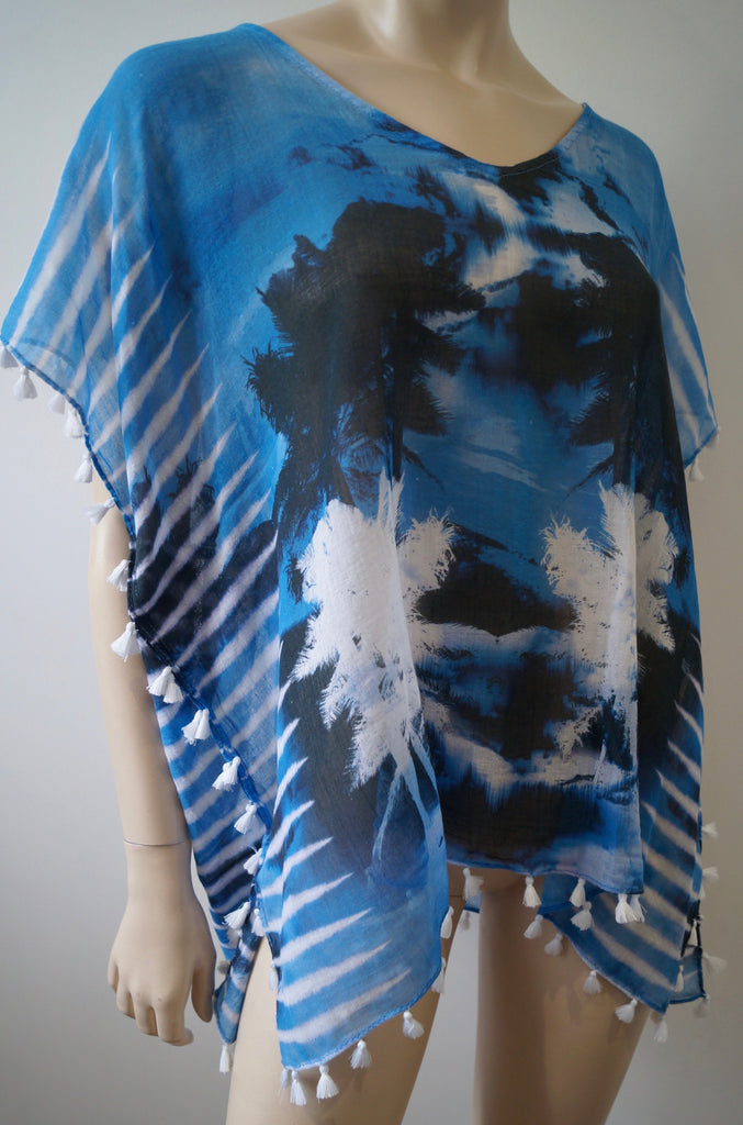 SEAFOLLY Blue Black White Cotton Tropical Print Cap Sleeve Tassel Kaftan Top SzL