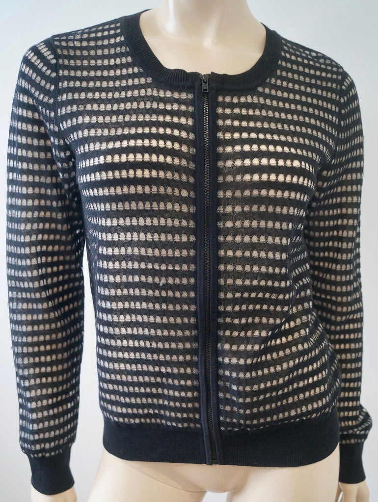 SANDRO Black Cotton Blend Mesh Cut-Out Zip Fastened Long Sleeve Cardigan Top 3