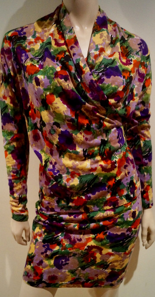 KENZO PARIS Bold Multi-Colour Floral Print Wool Draped V Neck Top & Skirt Suit