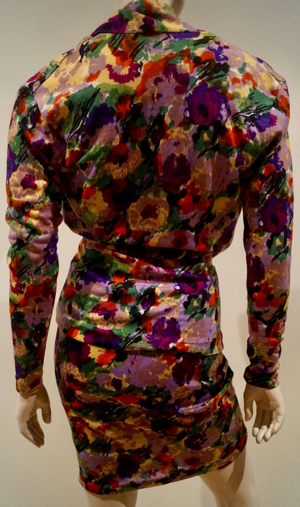 KENZO PARIS Bold Multi-Colour Floral Print Wool Draped V Neck Top & Skirt Suit