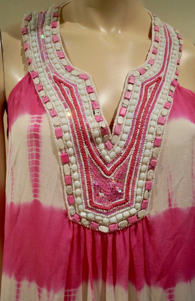 ELIZABETH HURLEY BEACH Pink & White Silk Tie Dye Sleeveless Beaded Maxi Dress S