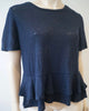 REBECCA TAYLOR Navy Blue Linen Scoop Neck Short Sleeve Pleated Hem T-Shirt Top L