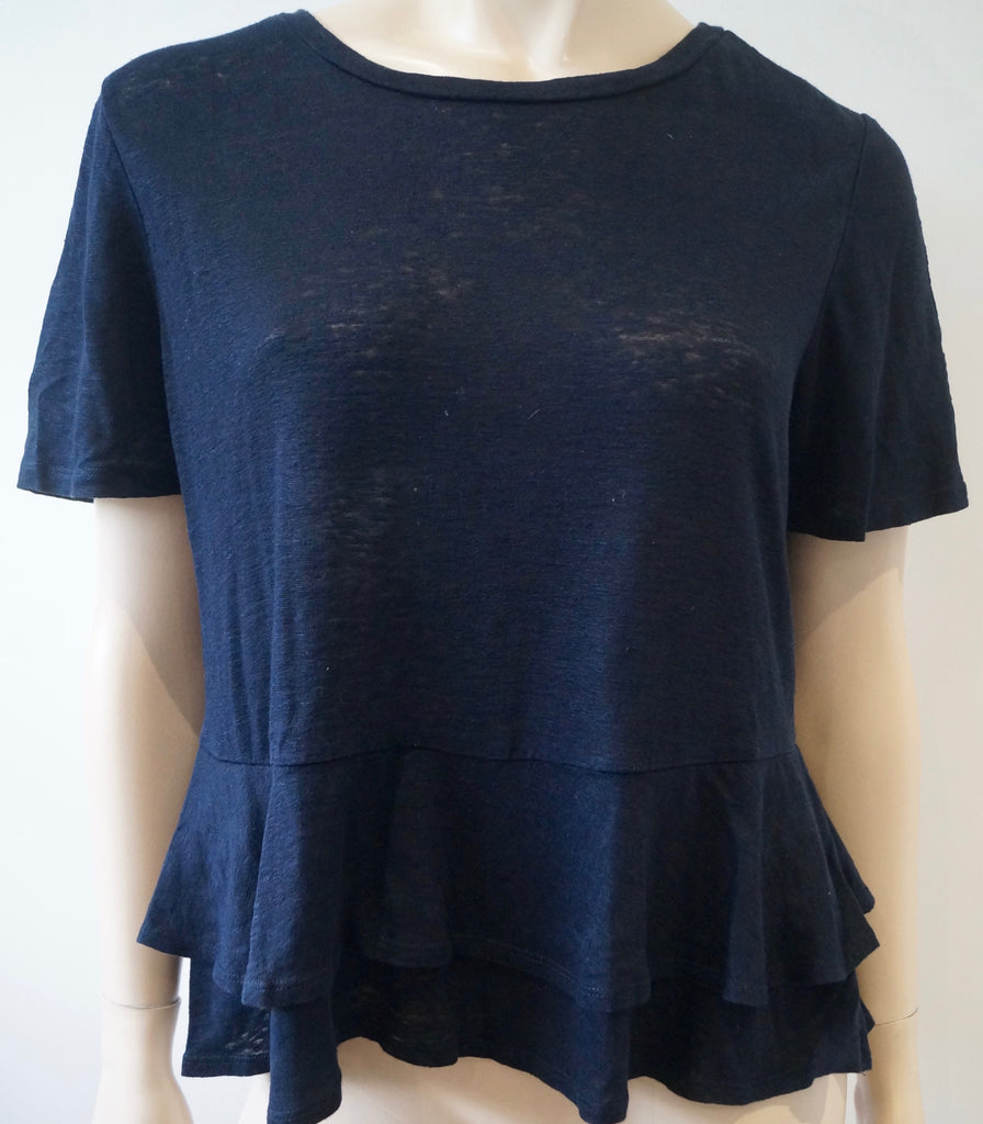 REBECCA TAYLOR Navy Blue Linen Scoop Neck Short Sleeve Pleated Hem T-Shirt Top L