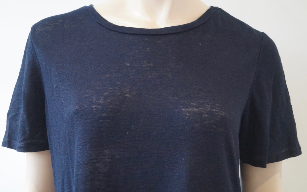 REBECCA TAYLOR Navy Blue Linen Scoop Neck Short Sleeve Pleated Hem T-Shirt Top L
