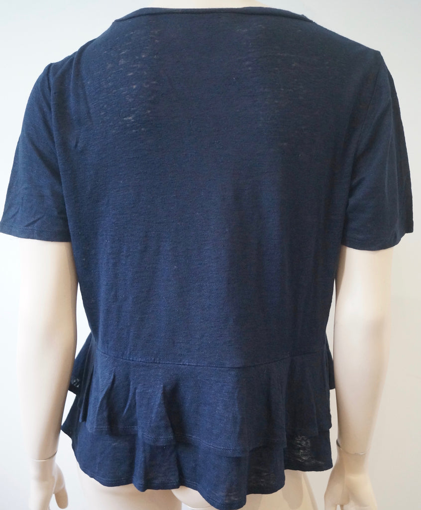 REBECCA TAYLOR Navy Blue Linen Scoop Neck Short Sleeve Pleated Hem T-Shirt Top L