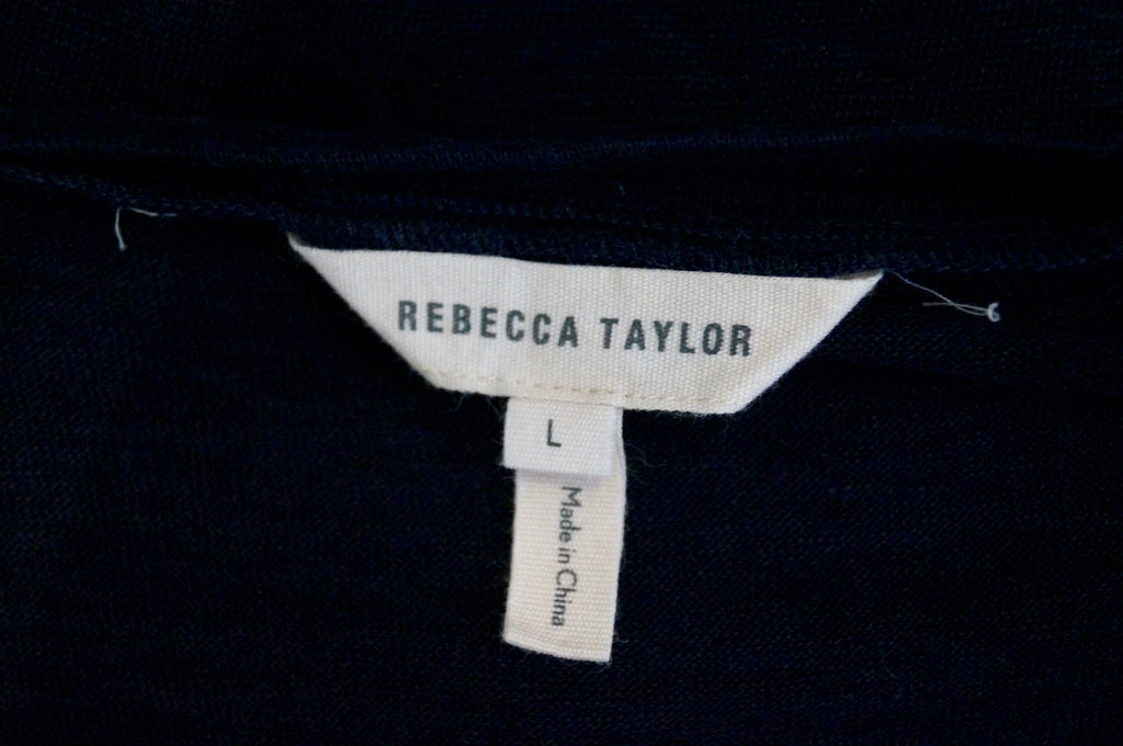 REBECCA TAYLOR Navy Blue Linen Scoop Neck Short Sleeve Pleated Hem T-Shirt Top L