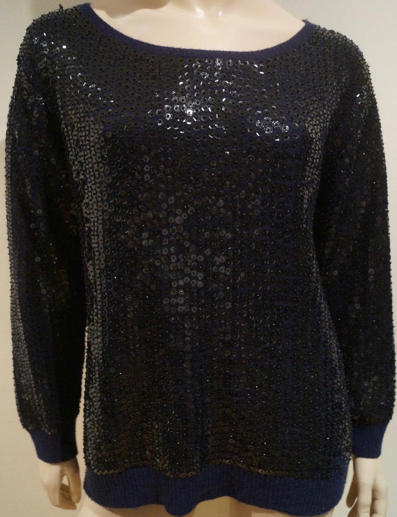 SANDRO Navy Black Wool Blend Sequin Embellish Long Sleeve Jumper Sweater Top 3/L