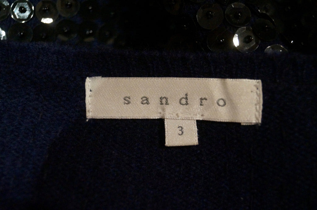 SANDRO Navy Black Wool Blend Sequin Embellish Long Sleeve Jumper Sweater Top 3/L