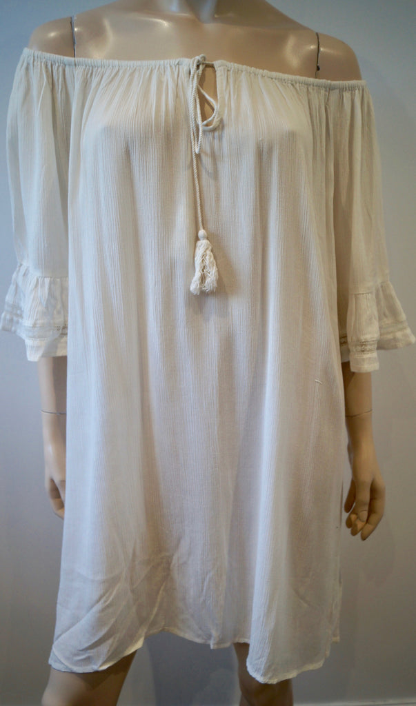 SAINT TROPEZ Winter White Off Shoulder 3/4 Sleeve Cover-Up Beach Dress S BNWT