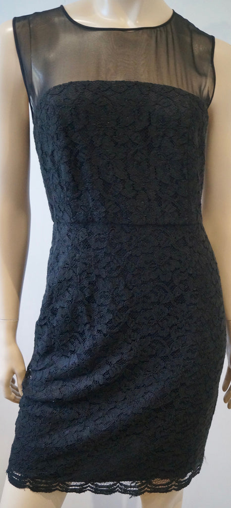 DIANE VON FURSTENBERG Black Sheer Panel Lace Crochet Sleeveless Evening Dress