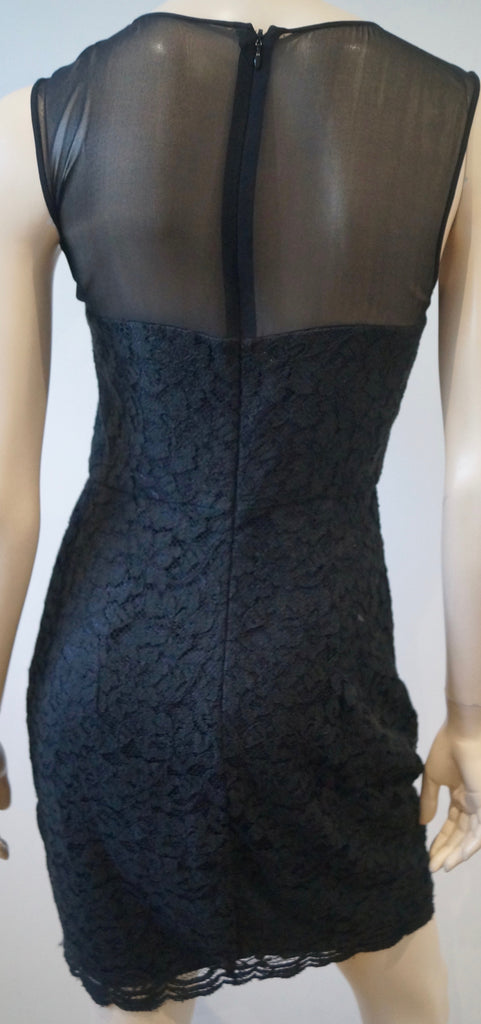 DIANE VON FURSTENBERG Black Sheer Panel Lace Crochet Sleeveless Evening Dress