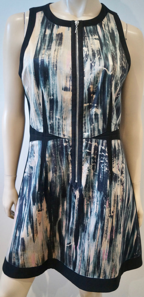 REBECCA TAYLOR Blue Black Cream Pink Abstract Print Round Neck Sleeveless Dress