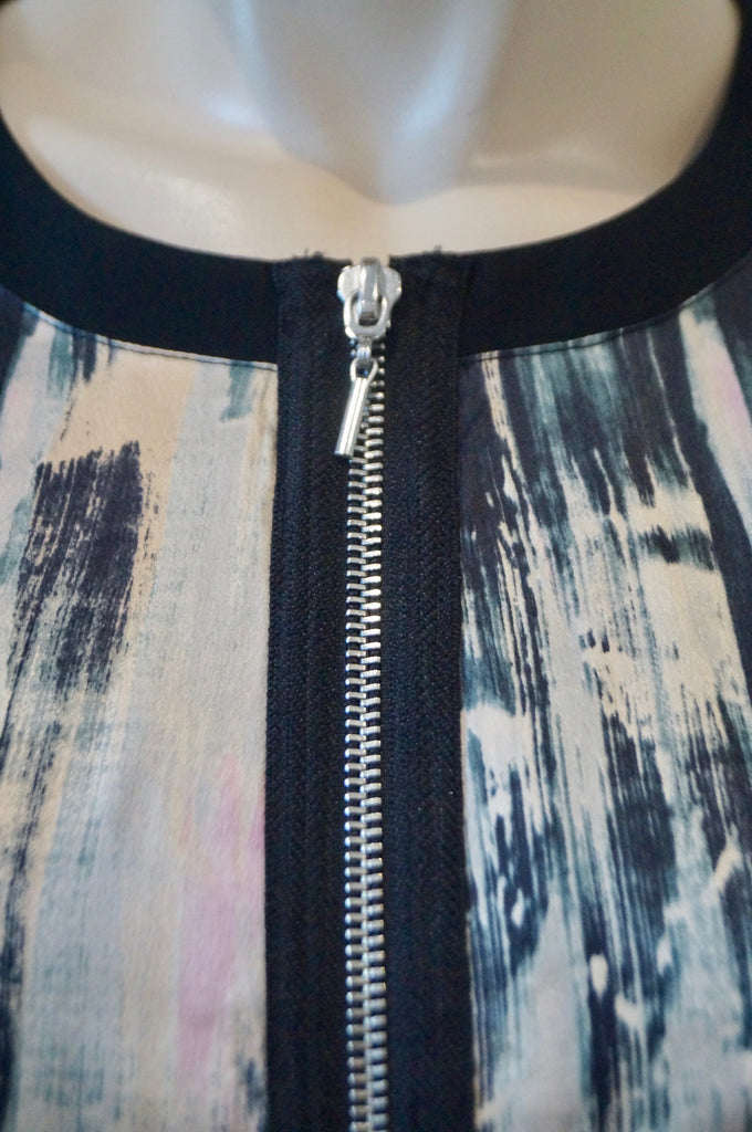 REBECCA TAYLOR Blue Black Cream Pink Abstract Print Round Neck Sleeveless Dress