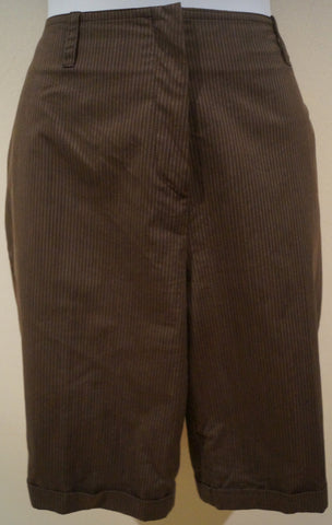 AKRIS PUNTO Brown & Beige Cotton Blend Striped Kick Pleat Lined Skirt US12 UK16