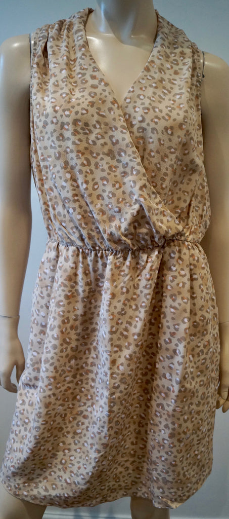 REBECCA TAYLOR Beige Silk Leopard Animal Print V Neck Sleeveless Dress 8 UK12