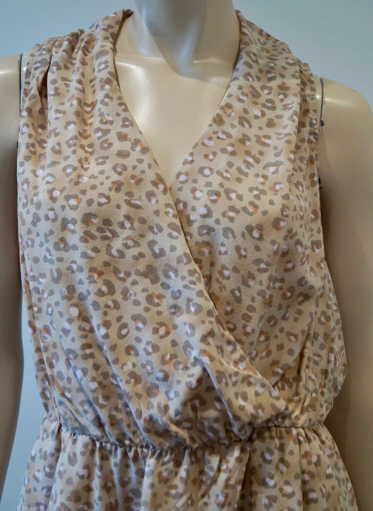 REBECCA TAYLOR Beige Silk Leopard Animal Print V Neck Sleeveless Dress 8 UK12