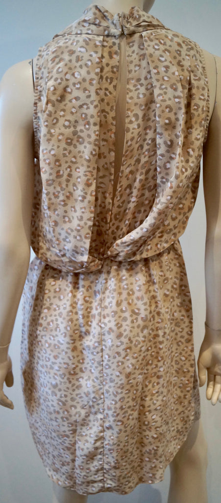 REBECCA TAYLOR Beige Silk Leopard Animal Print V Neck Sleeveless Dress 8 UK12